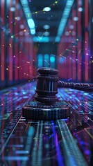 Cyber Law Authority: Gavel Symbol on Digital Encryption Background