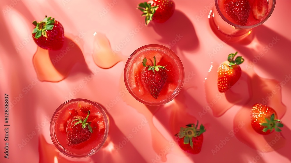 Poster creative layout made of strawberry juice and strawberry flat lay food concept macro concept : genera