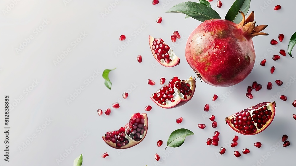 Poster flying in air fresh ripe whole and cut pomegranate with seeds and leaves isolated on white backgroun