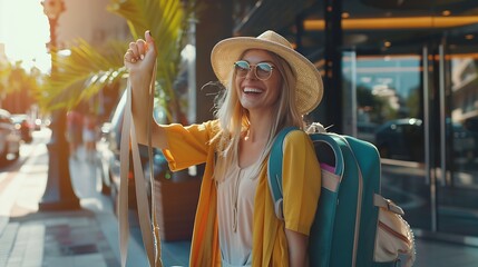 Obraz premium Smiling tourist woman hailing for a taxi while standing with her travelling bags outside a hotel Happy female traveller leaving a luxury hotel after a fun summer vacation : Generative AI
