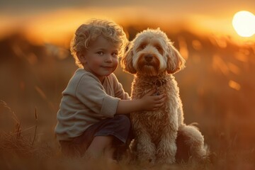 Young child cuddles with his fluffy dog as they sit in a field bathed in golden sunset light