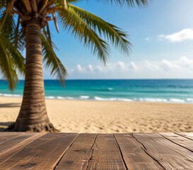Fototapeta premium Empty wooden planks with blur beach on background, can be used for product placement, palm leaves on foreground