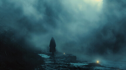 A dark, surreal, lonely night, smoky haze