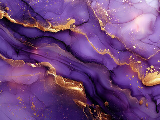 Luxury purple and gold stone marble texture. Alcohol ink technique abstract background. Modern paint with glitter. Template for banner, poster design. Fluid art painting  
