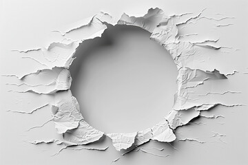 Torn hole in a sheet of paper on a white background. Generated by artificial intelligence