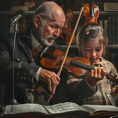 Master Guiding His Young Apprentice during a Violin Lesson Captured in Vibrant Studio Ambiance