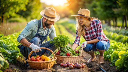 Rural Organic Farming: Couple Cultivating Sustainable Produce. Perfect for: Earth Day, World Environment Day, Agricultural Awareness Day, sustainable farming, organic agriculture.