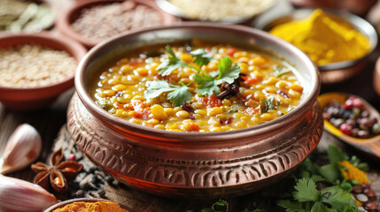 Fragrant Indian lentil soup (dal) with spices and herbs, Nutrient-rich and flavorful, Traditional Indian background with colorful spices