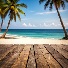 Fototapeta premium Empty wooden planks with blur beach on background, can be used for product placement, palm leaves on foreground