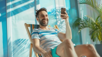 Happy man spending summer vacations at home and pretending he is on a beach he is sitting on a deckchair and taking selfies with his smartphone : Generative AI