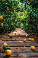 orange orchard with wooden path, copy space, for advertising or product presentation