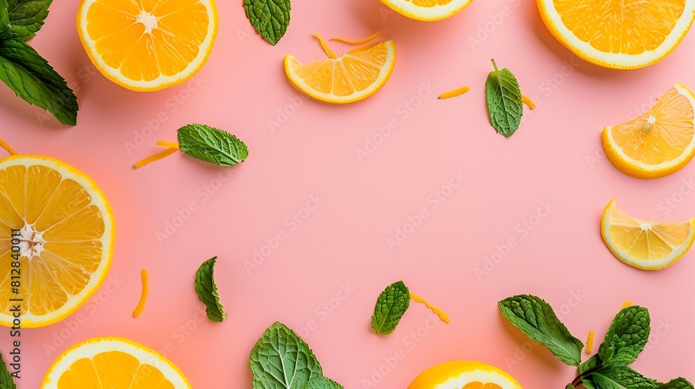 Aufkleber Citrus slices and mint herbs frame on retro pastel pink background with copyspace from above Top view of lemon and orange frame design banner : Generative AI