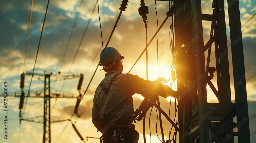 Poster an electrician at a high voltage power plant works with a project at sunset in the sky electrical en