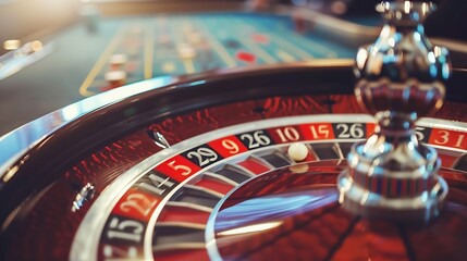 Image with casino roulette wheel with ball on number 0 Selective focus : Generative AI
