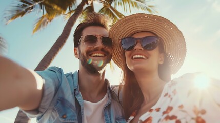 Happy couple having fun doing selfie during summer vacation with palm trees in background  Lovers lifestyle travel concept  Soft focus on woman face : Generative AI