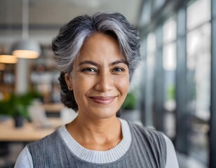 Fototapeta premium Portrait of a middle-aged waitress with grey hair in an elegant café with large windows.
