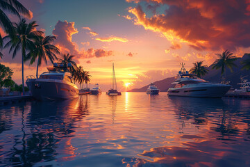 A picturesque view of the resort's private marina, showcasing sleek yachts and sailboats against...