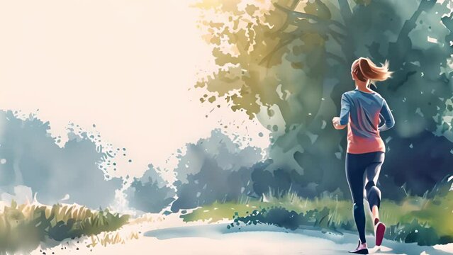 Watercolor, back view of female athlete in exercise clothes running in the park.