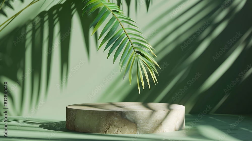 Poster minimal modern product display podium on reach green background with palm leaves natural wood and gr