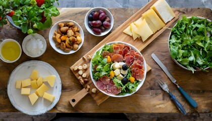 Zenith view of a large wooden table with a long board with cheese, cold cuts and dried fruit. At the side two bowls with salad, dates and cutlery.