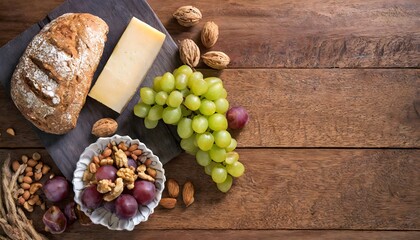 with a chopping board with home-made bread, white grapes, cheese, almonds and walnuts on top. Copy space.