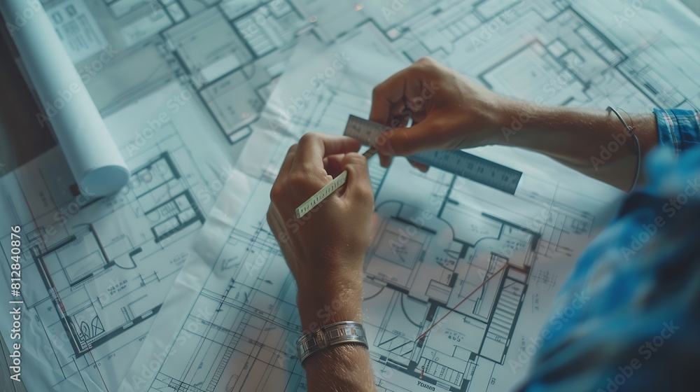 Poster business architecture building construction and people concept close up of architect hands with comp