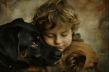 Peaceful young child embraced by two loving dogs, showcasing friendship and trust