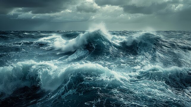 Stormy ocean waves in front view, emphasizing the powerful nature forces Cybernetic tone, Monochromatic Color Scheme