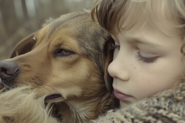 Calm child rests their head gently against a loyal dog, depicting a peaceful and loving bond