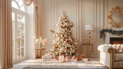 pastel peach and gold fluffy Christmas tree in a minimalist luxury living room