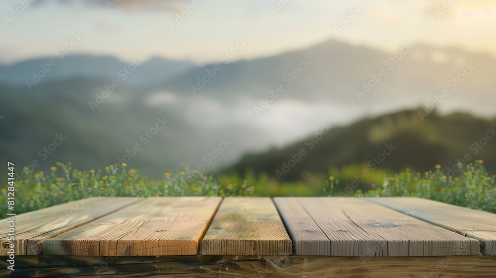 Leinwandbilder Wood table top stand with blur mountain landscape view background in spring Food product display with nature concept backdrop : Generative AI