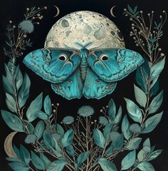 A green Luna moth with outstretched wings rests on a dark background surrounded by colourful flowers and small stars. A crescent moon hovers above it, creating a serene night landscape.