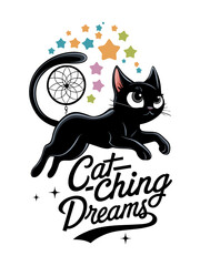 Cat 2d flat illustration with text saying "Cat-ching Dreams" in the style of Monochrome