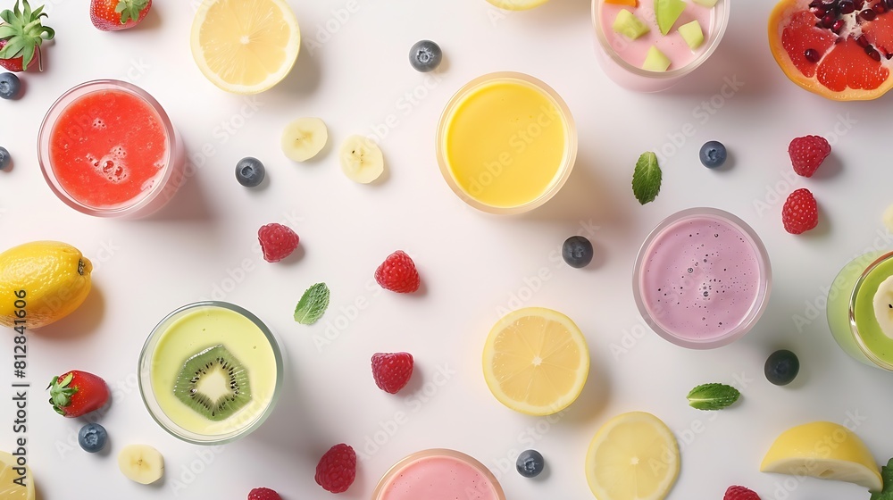 Poster Creative layout made of smoothies and fruits around Flat lay Food concept Smoothies on the white background : Generative AI
