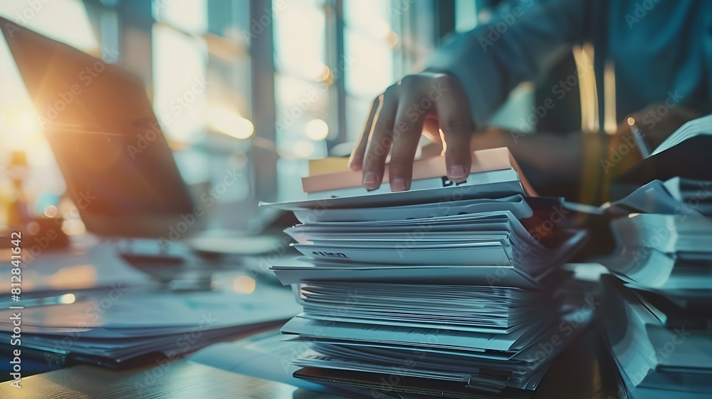 Poster pile of presentation brochure document concept businessman hands working in business documents on st