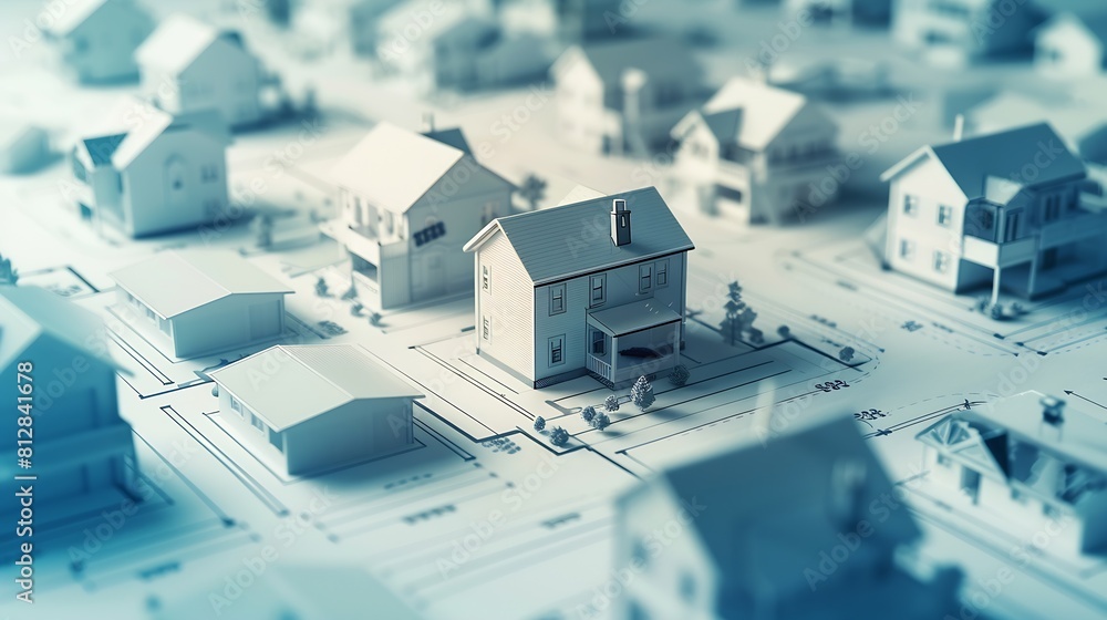 Poster architectural model of houses on blueprint draw isolated on white background banner layout with copy space for building construction plan or real estate sale Image usable for concept o : Generative AI