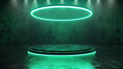Circular podium surrounded by a halo of shifting neon green lights, creating an energetic and dynamic setting for sports and fitness gear