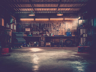 Workshop scene. Old tools hanging on wall in workshop, Tool shelf against a table and wall, vintage garage style