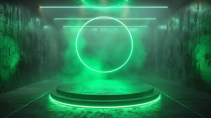 Circular podium surrounded by a halo of shifting neon green lights, creating an energetic and dynamic setting for sports and fitness gear