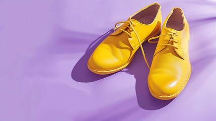 On a purple background one on one is a pair of stylish womens yellow leather shoes with laces Seasonal sales promotions discounts on shoes Proper care of leather shoesSports shoesColor : Generative AI