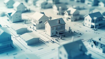 architectural model of houses on blueprint draw isolated on white background banner layout with copy space for building construction plan or real estate sale Image usable for concept o : Generative AI