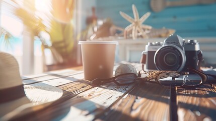 concept of travel vacation trip and long summer weekend planning on wooden table background : Generative AI