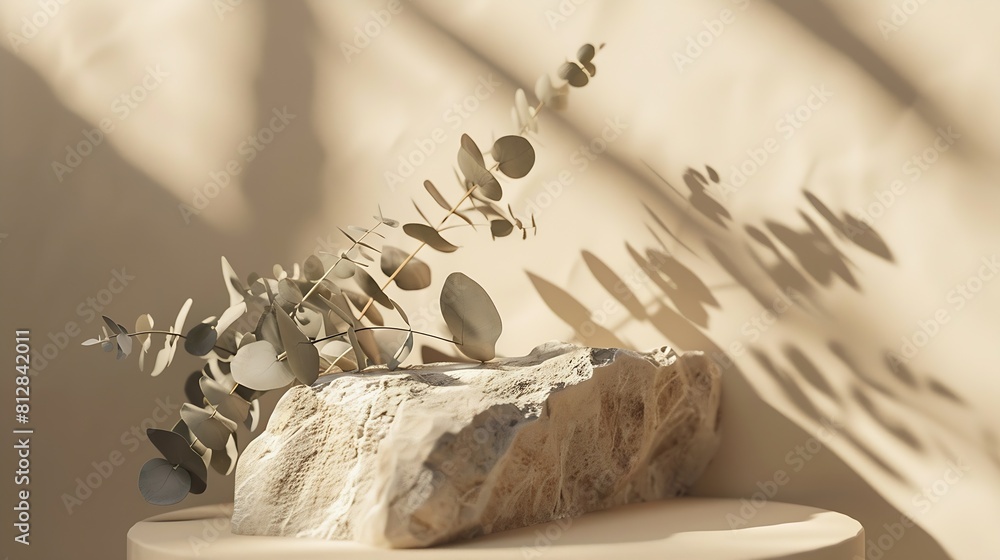 Poster podium for exhibitions and product presentations material stone eucalyptus branch beautiful beige ba