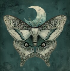 A green Luna moth with outstretched wings rests on a dark background surrounded by colourful flowers and small stars. A crescent moon hovers above it, creating a serene night landscape.