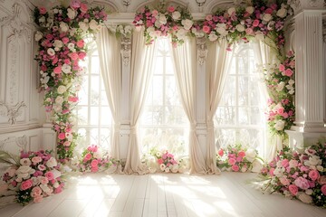 luxurious white room for wedding background with bouquet flora generative AI