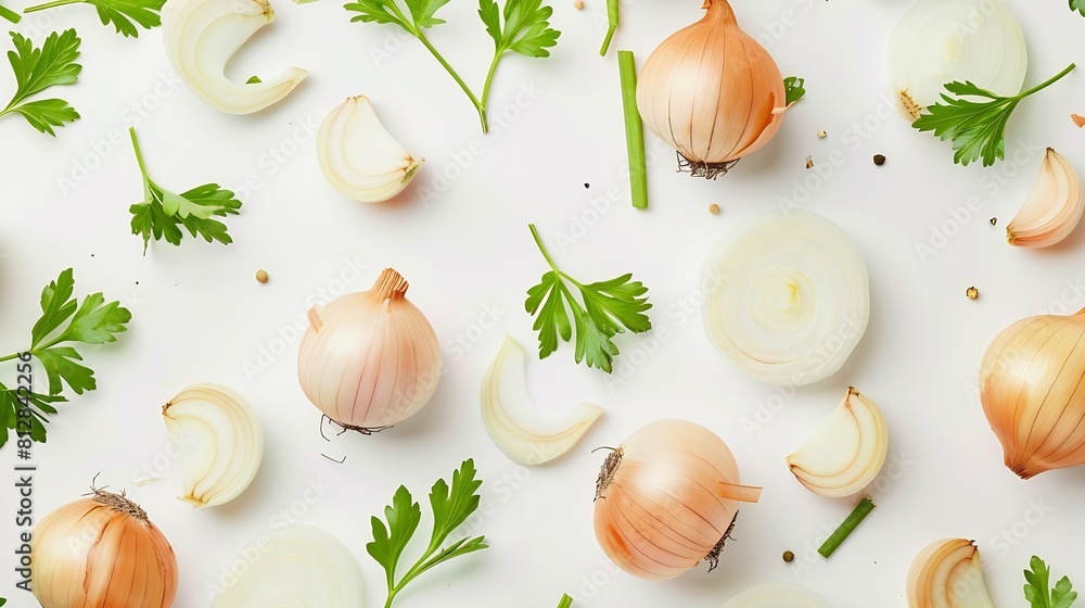 Poster onion bulbs and parsley leaf composition and creative layout isolated on white background healthy ea