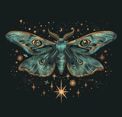 A green Luna moth with outstretched wings rests on a dark background surrounded by colourful flowers and small stars. A crescent moon hovers above it, creating a serene night landscape.