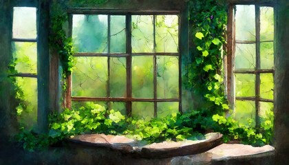 window with green leaf