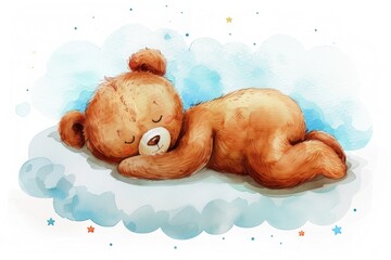 Watercolor illustration of sleeping teddy bear on blue cloud - obrazy, fototapety, plakaty