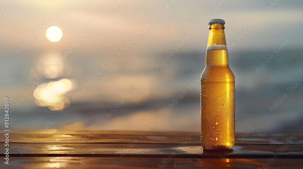 Poster Opened bottle of beer with condensation on the wooden table Blurred sparkling sea at the background Summer vibes : Generative AI